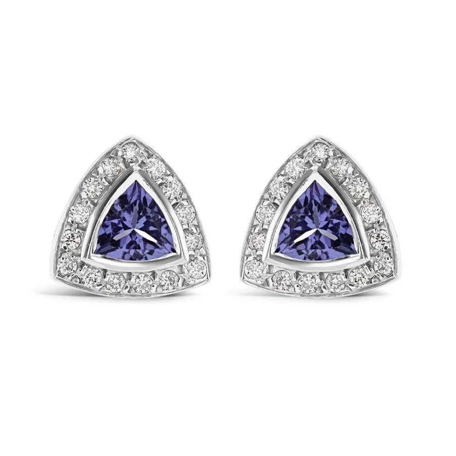 18ct White Gold Triangular Cut Tanzanite & Diamond Halo Cluster Stud Earrings