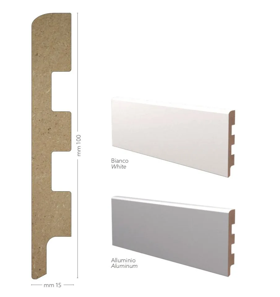 98ML Battiscopa Zoccolino Passacavo Salvamuro MDF 10 X15 bianco o alluminio