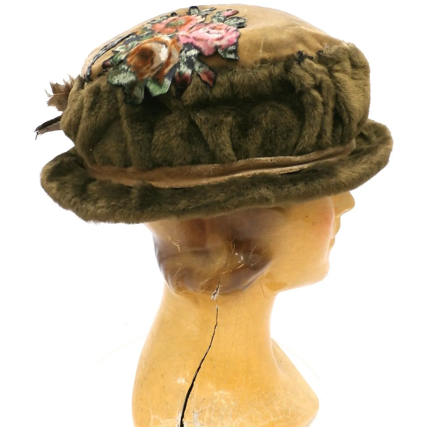 Antique Hat Edwardian Ladies Toque  Mohair Birdwings Feathers Floral Applique Large