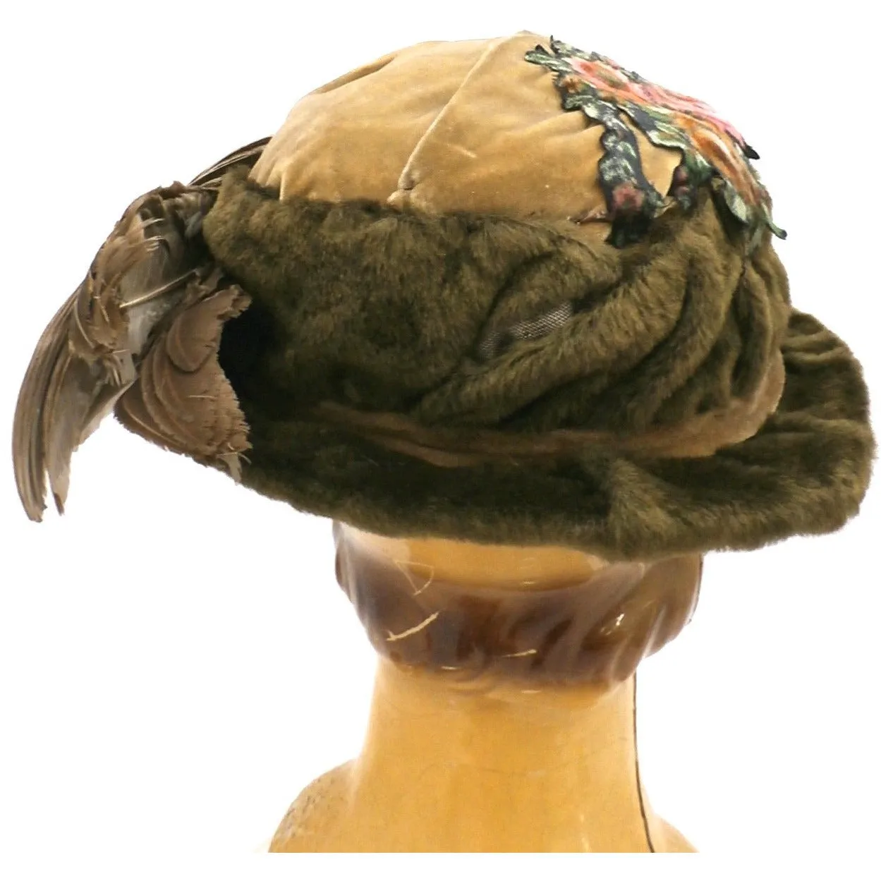 Antique Hat Edwardian Ladies Toque  Mohair Birdwings Feathers Floral Applique Large