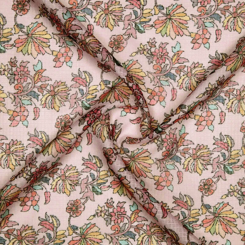 Baby Pink Multicolor Leaf Pattern Digital Print Kota Doria Fabric