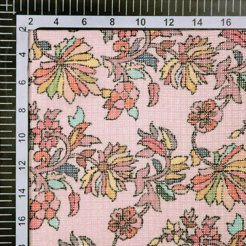 Baby Pink Multicolor Leaf Pattern Digital Print Kota Doria Fabric