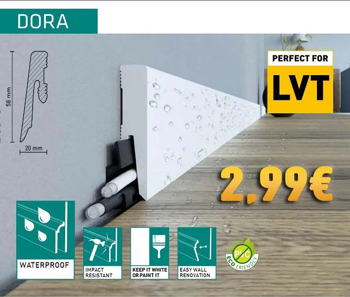 BATTISCOPA BIANCO IN Zoccolino WATERPROOF TAGLIO QUADRO INCLINATO 58X20 (prezzo al metro lineare)