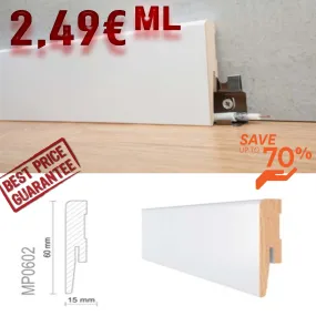 BATTISCOPA Zoccolino SQUADRATO (DIRITTO) 60X15 in MDF BIANCO (prezzo al metro lineare)