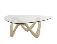 BEIGE CEMENT ABSTRACT WOOD GRAIN INSPIRED COFFEE TABLE WITH WAVY BASE AND TRIANGULAR GLASS TOP