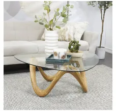 BEIGE CEMENT ABSTRACT WOOD GRAIN INSPIRED COFFEE TABLE WITH WAVY BASE AND TRIANGULAR GLASS TOP