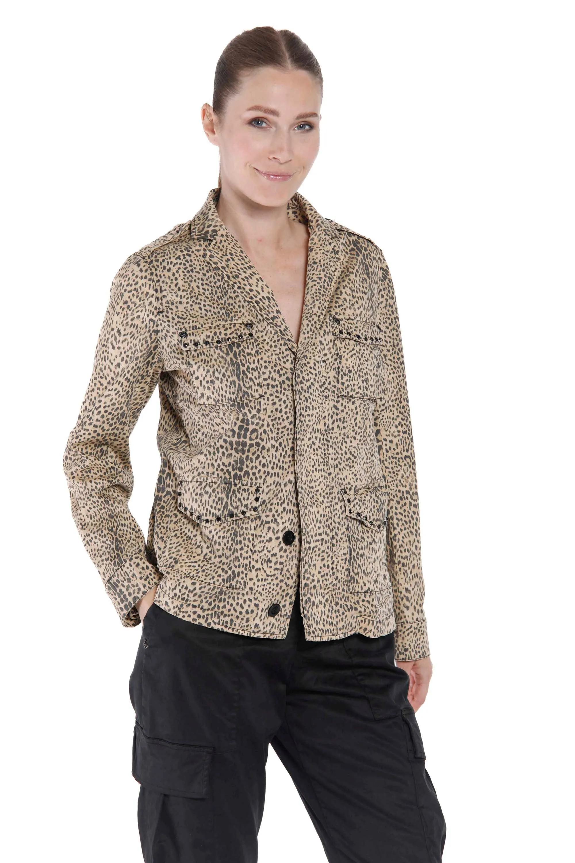 Elba field jacket da donna in cotone stampa animalier con borchie