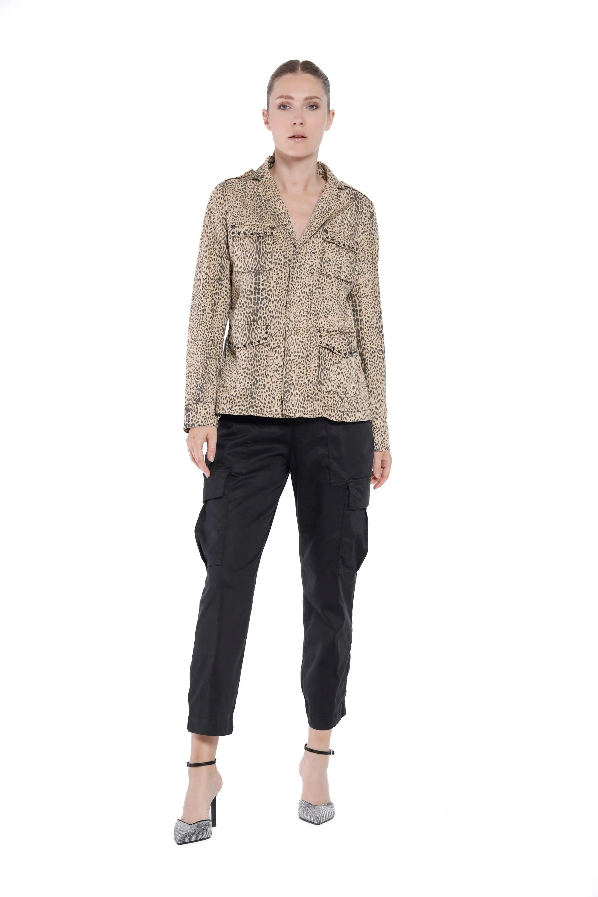 Elba field jacket da donna in cotone stampa animalier con borchie