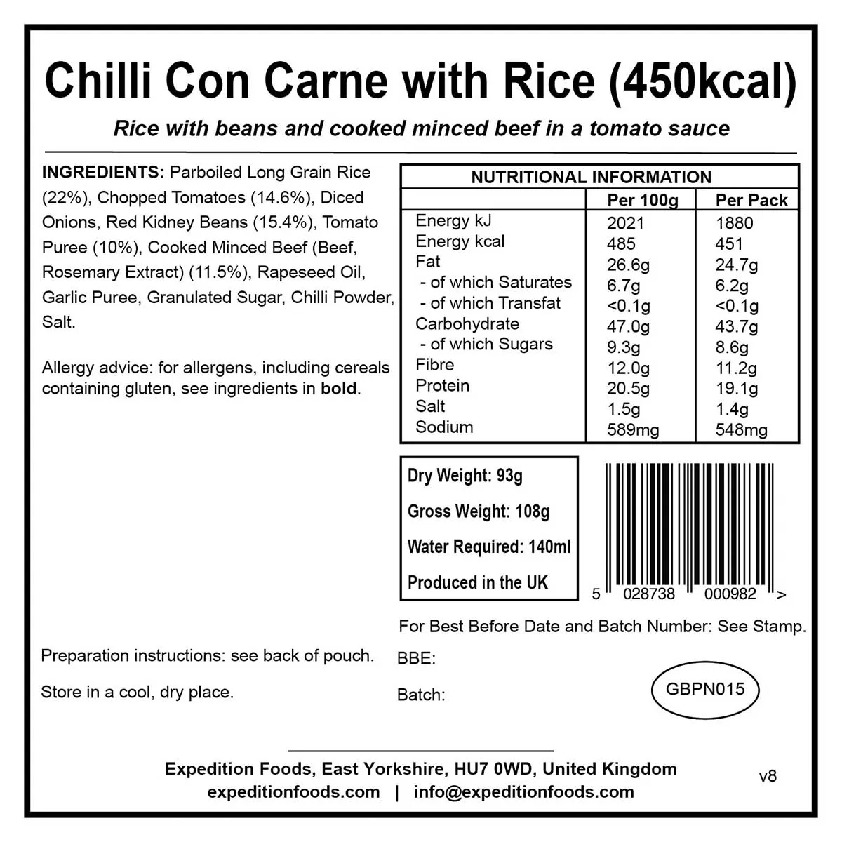 Expedition Foods Freeze-Dried Meal Chilli Con Carne with Rice 450kcal