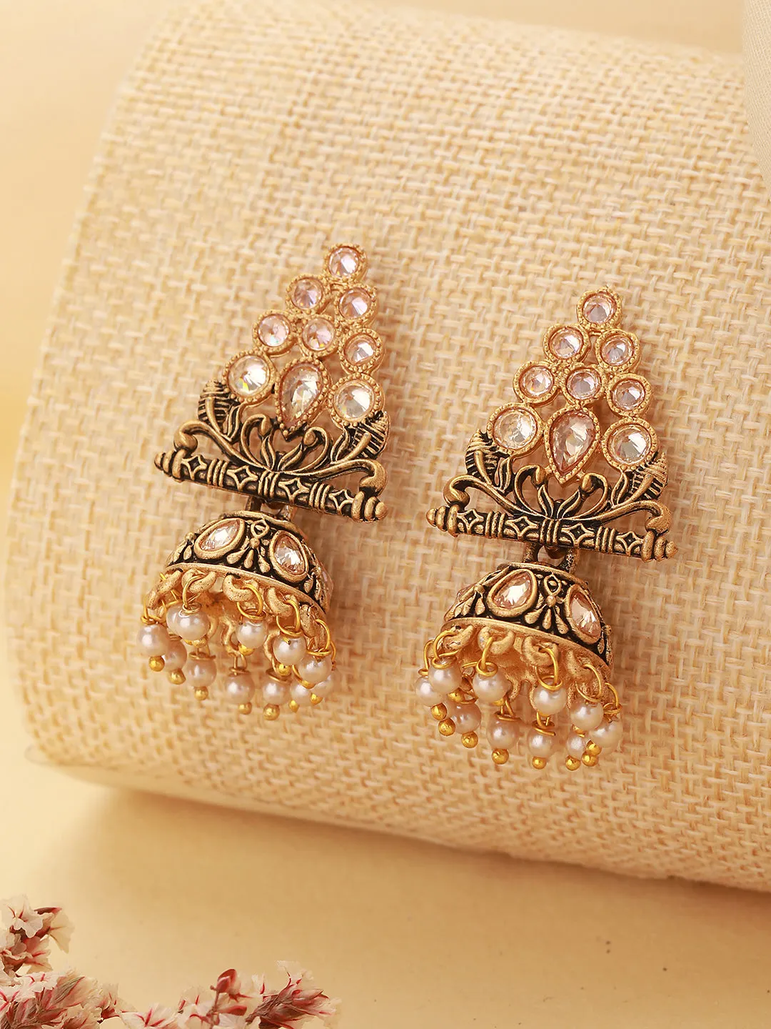 Gold-Plated Kundan Studded Triangular Shaped Jhumka Earrings