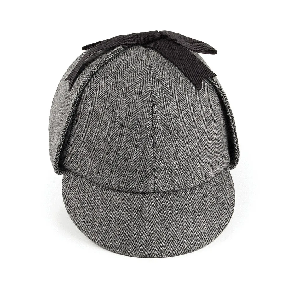 Herringbone Sherlock Holmes Deerstalker Hat - Grey