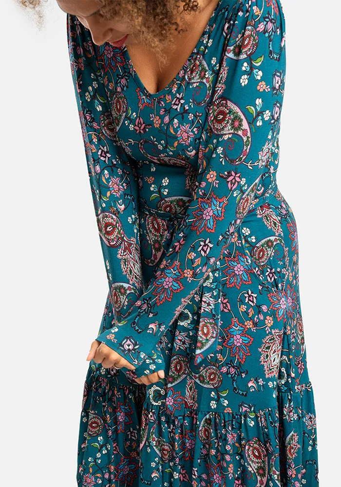 Julie-Ann Paisley Print Tired Hem Viscose Midaxi Dress