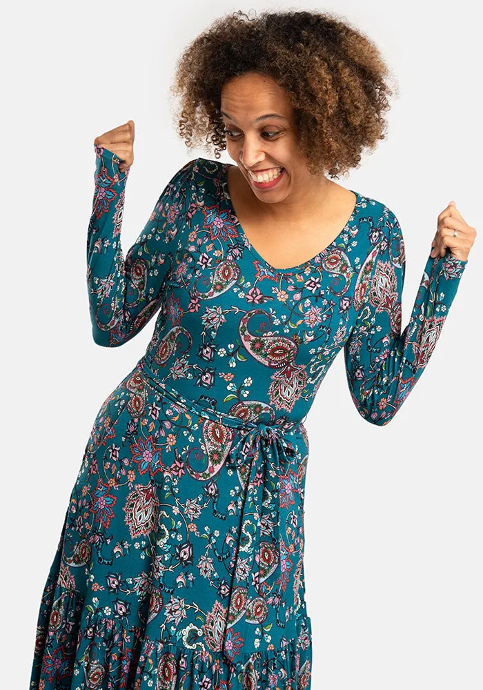 Julie-Ann Paisley Print Tired Hem Viscose Midaxi Dress