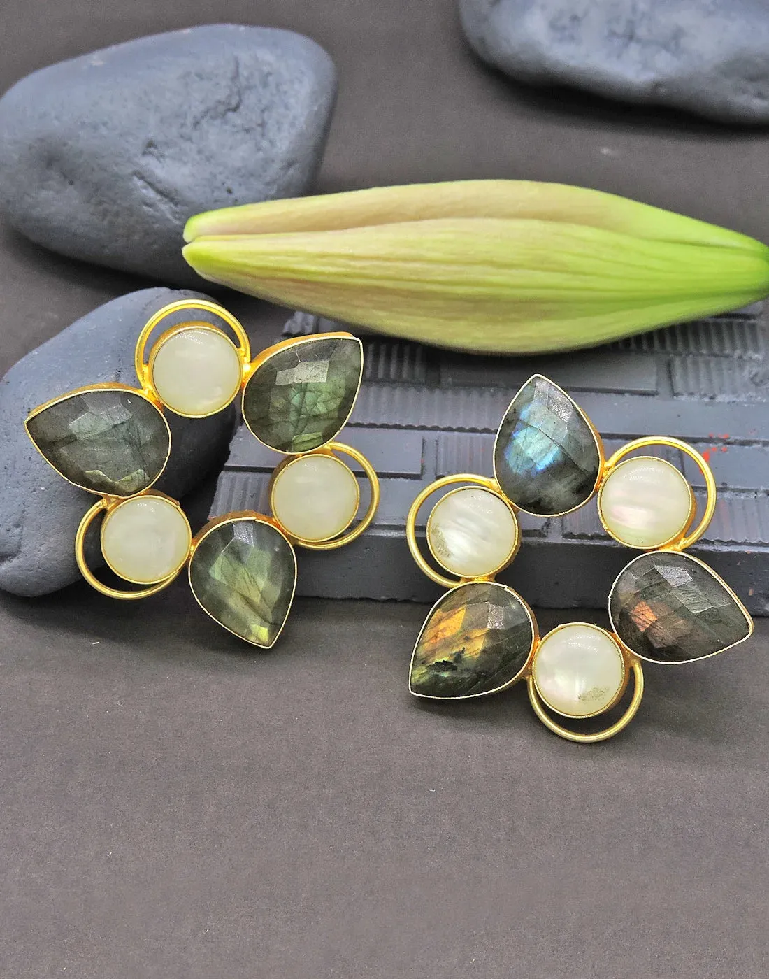 Labradorite & Shell Triangular Frame Earrings