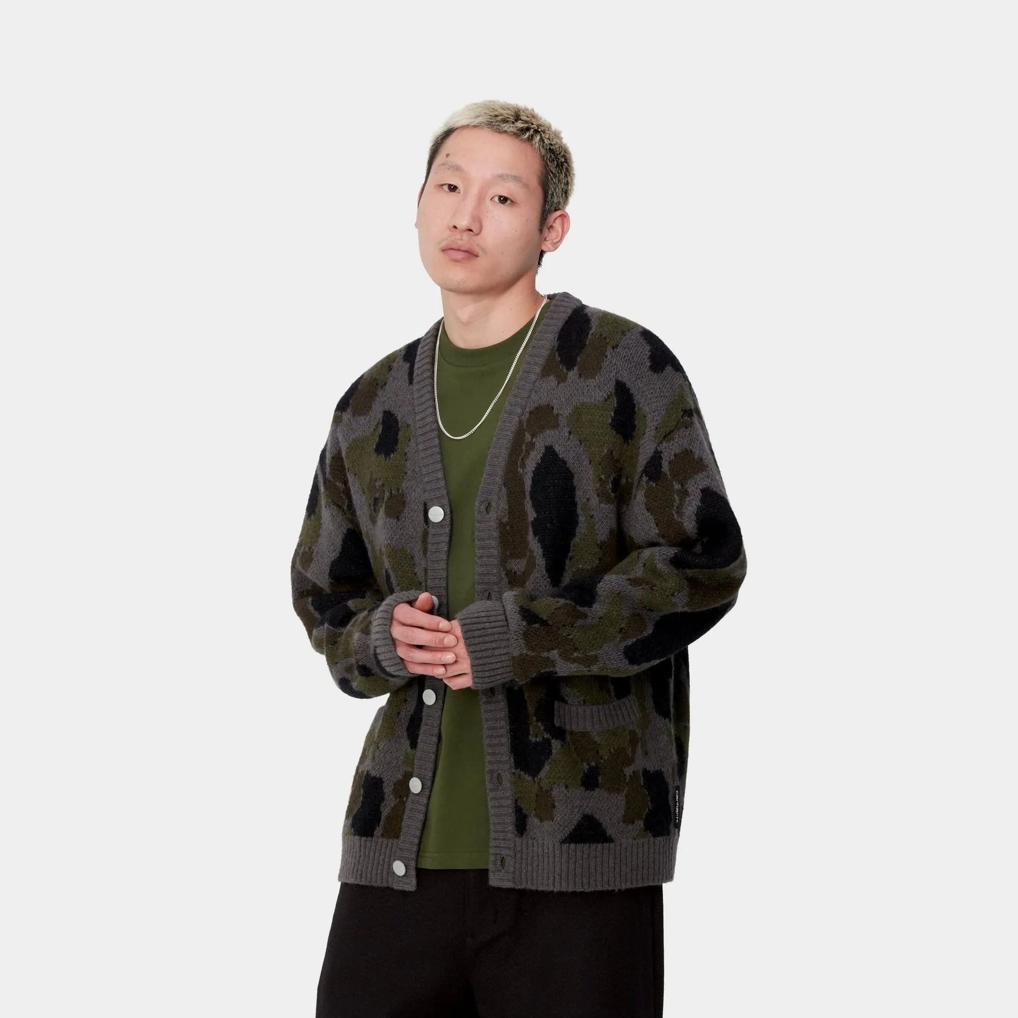 Sure, heres an optimized title with descriptive modifiers added:

Merton Cardigan | Stylish Grey Camo Duck Jacquard Knit Sweater