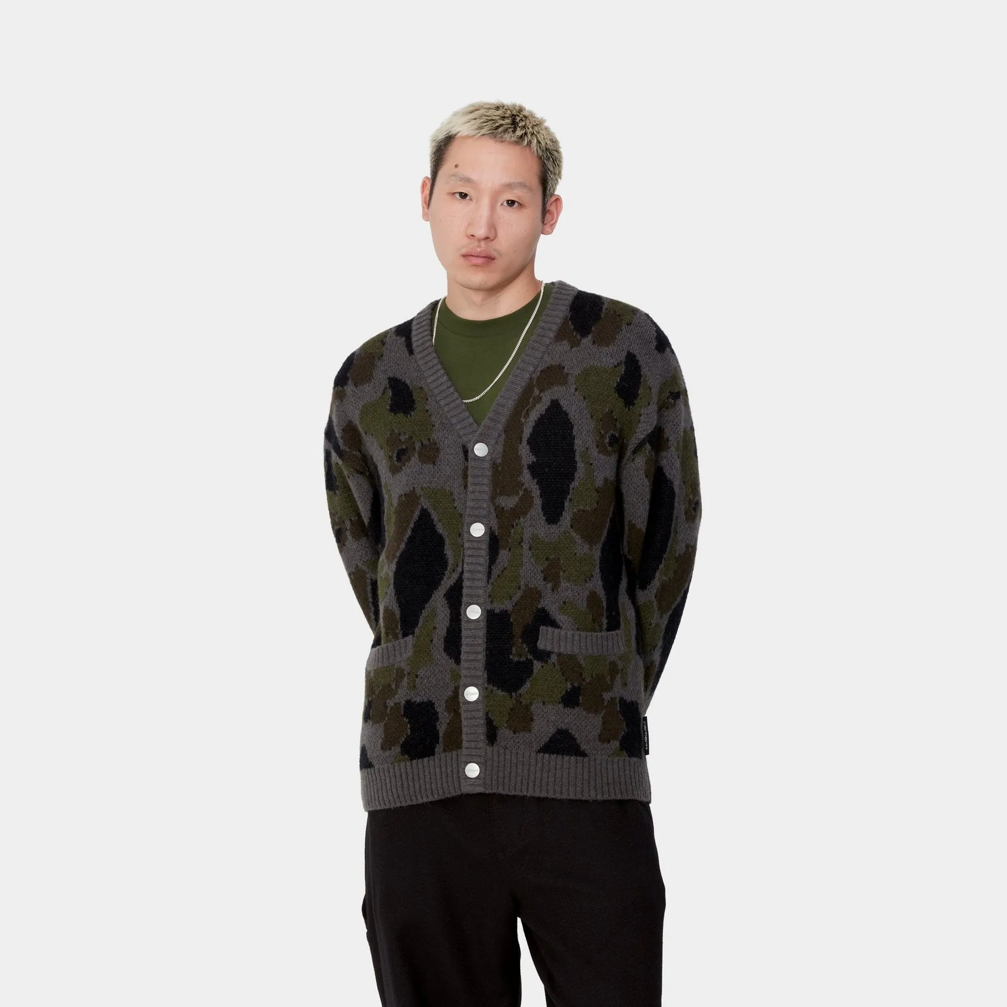 Sure, heres an optimized title with descriptive modifiers added:

Merton Cardigan | Stylish Grey Camo Duck Jacquard Knit Sweater