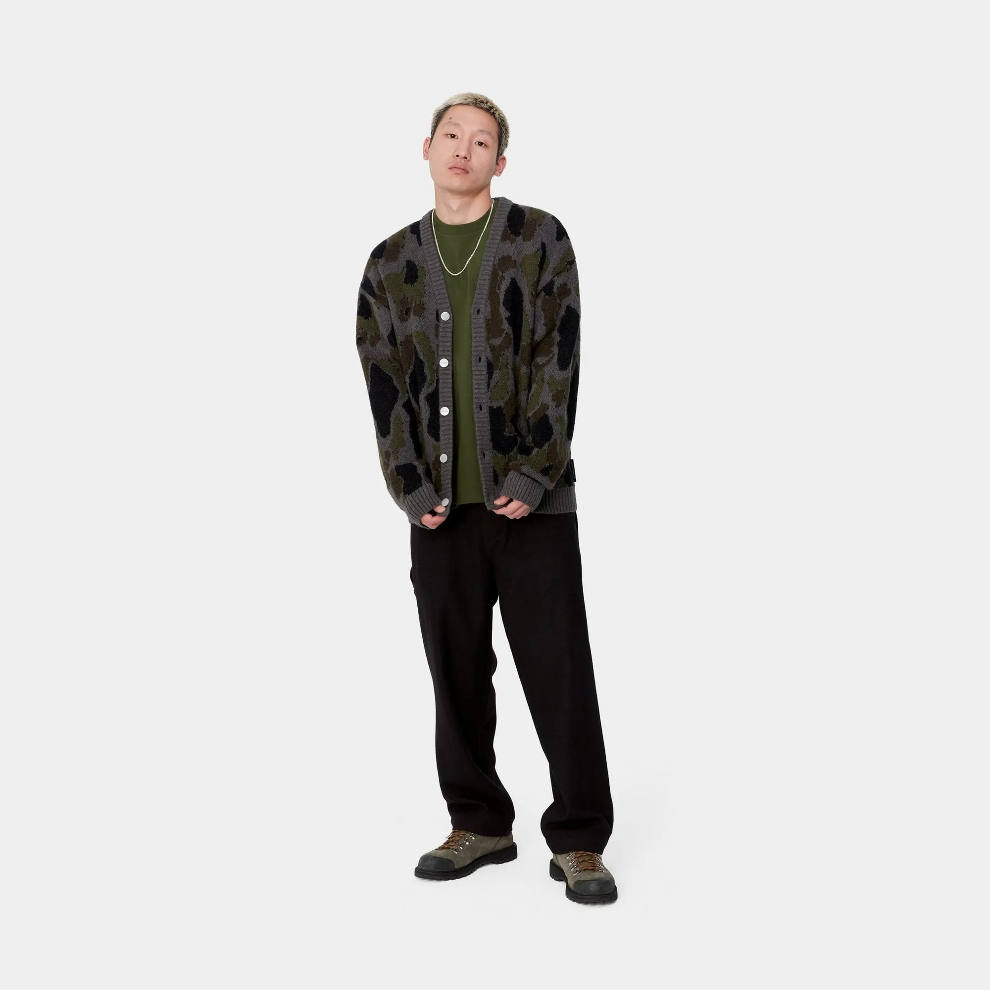 Sure, heres an optimized title with descriptive modifiers added:

Merton Cardigan | Stylish Grey Camo Duck Jacquard Knit Sweater