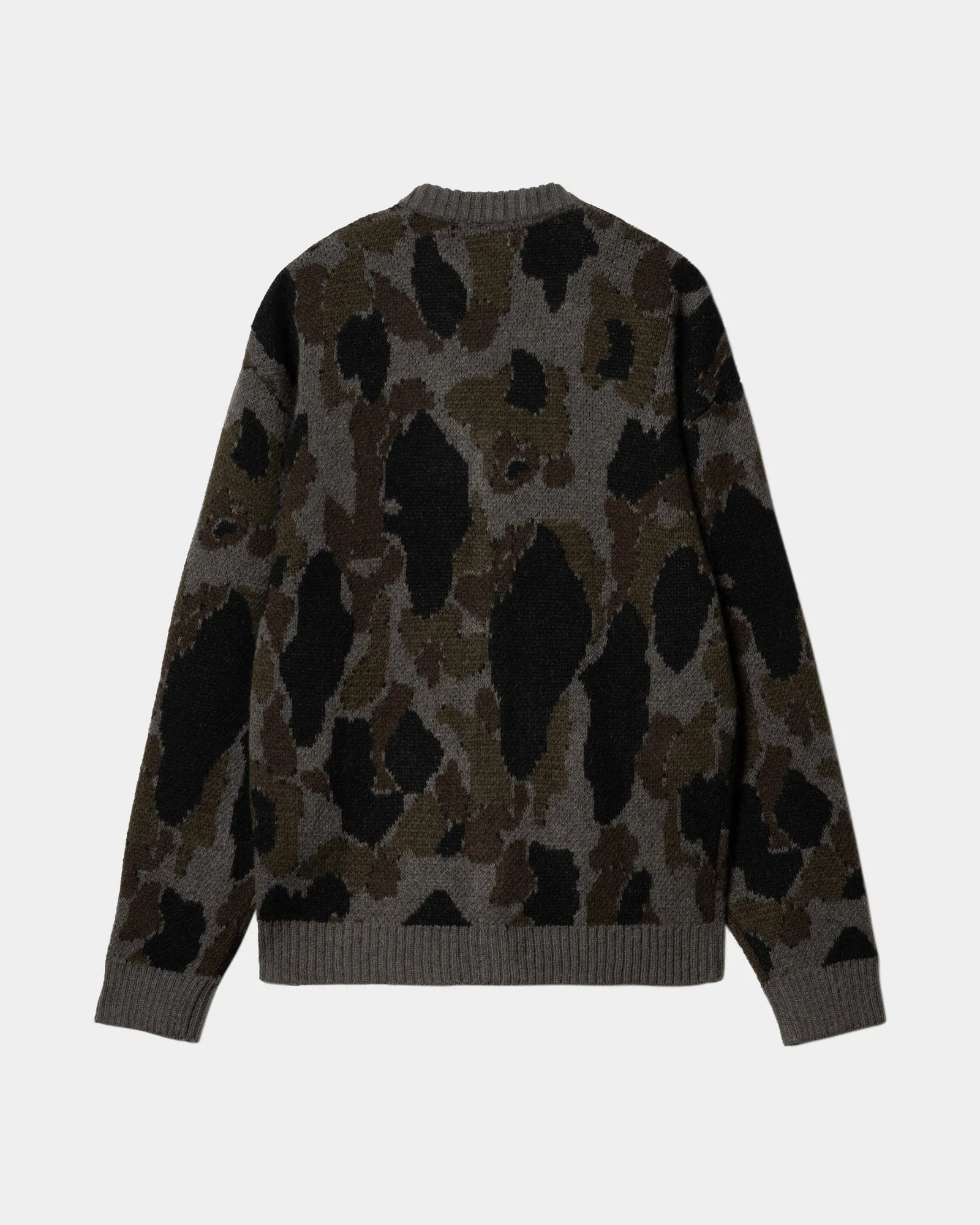 Sure, heres an optimized title with descriptive modifiers added:

Merton Cardigan | Stylish Grey Camo Duck Jacquard Knit Sweater