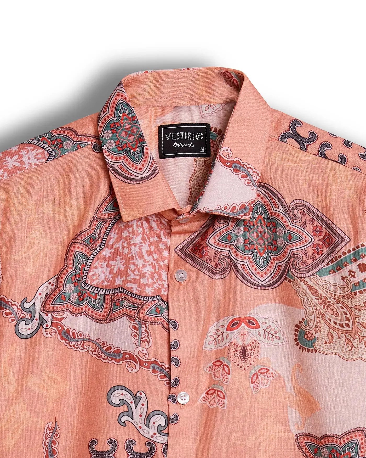 Peach paisley print half sleeve printed shirt for men