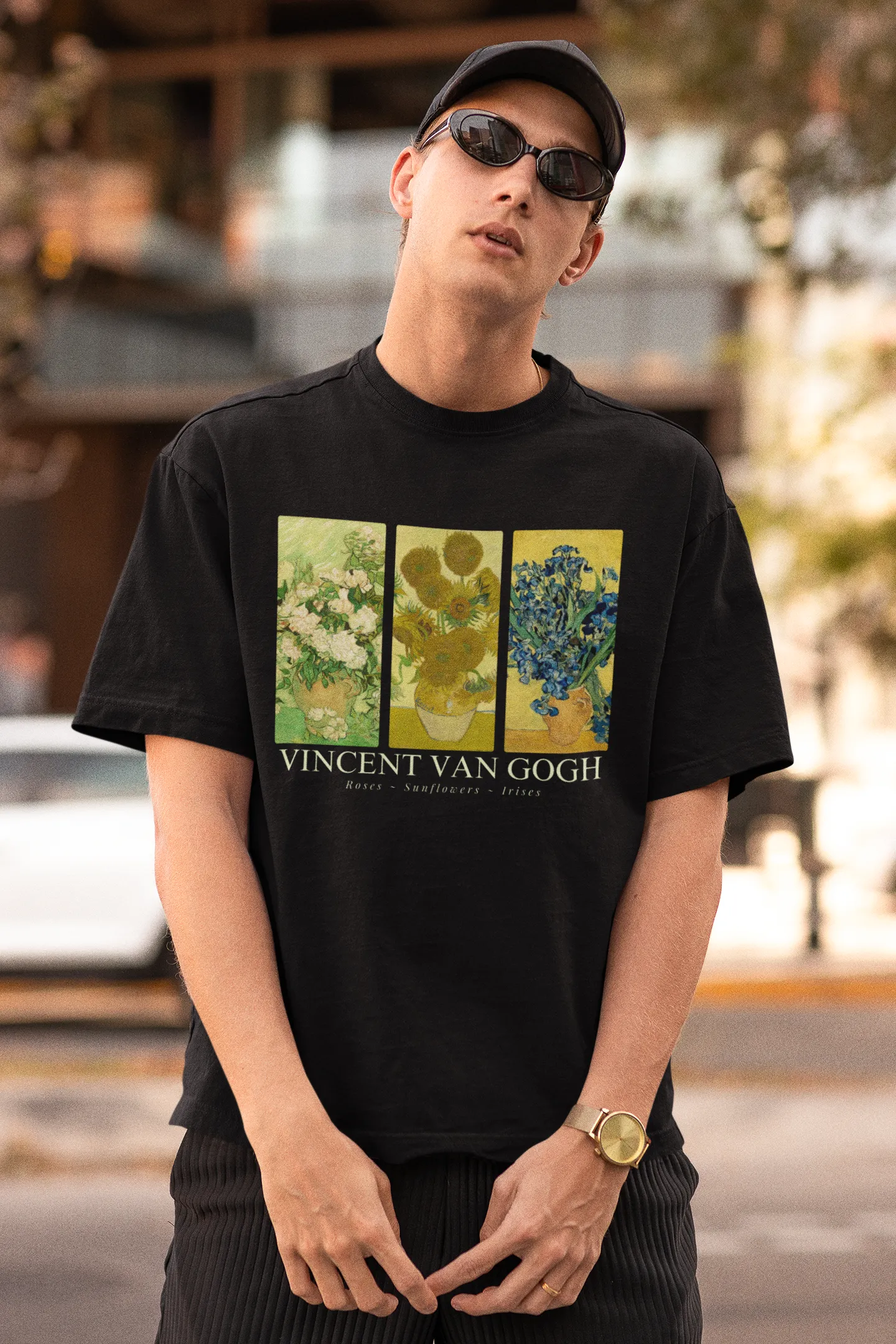 Vincent Van Gogh (Roses, Sunflowers & Irises) Graphic Printed Unisex Black Oversized T Shirt