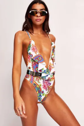 White Paisley Print Plunge Swimsuit